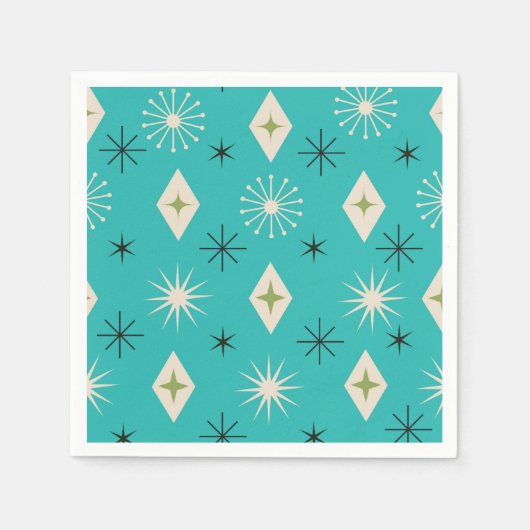 Mid Century Atomic Stars with diamonds on Teal  スタンダードカクテルナプキン (正面)