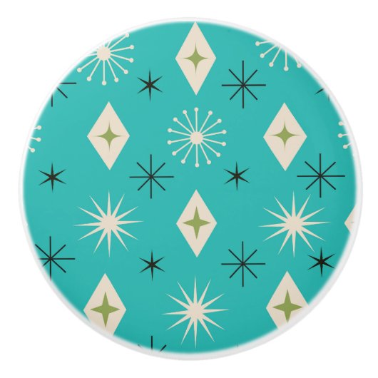 Mid Century Atomic Stars with diamonds on Teal  セラミックノブ (正面)