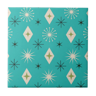 Mid Century Atomic Stars with diamonds on Teal  タイル