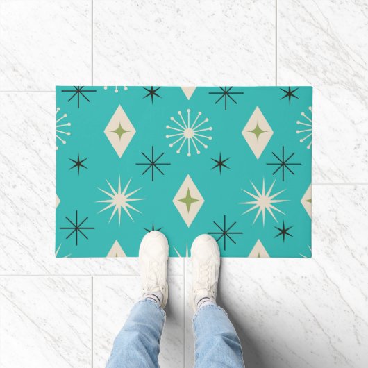 Mid Century Atomic Stars with diamonds on Teal  ドアマット (室内)