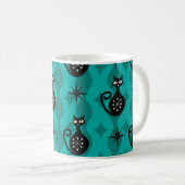Mid Century Black Atomic Cats on Teal Ogee コーヒーマグカップ (正面右)