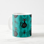 Mid Century Black Atomic Cats on Teal Ogee コーヒーマグカップ (正面左)
