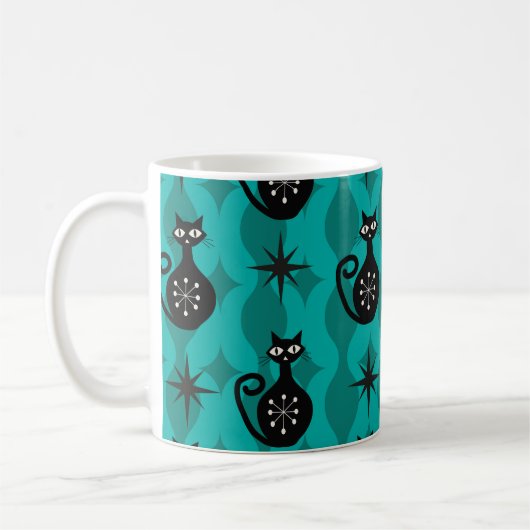 Mid Century Black Atomic Cats on Teal Ogee コーヒーマグカップ (左)