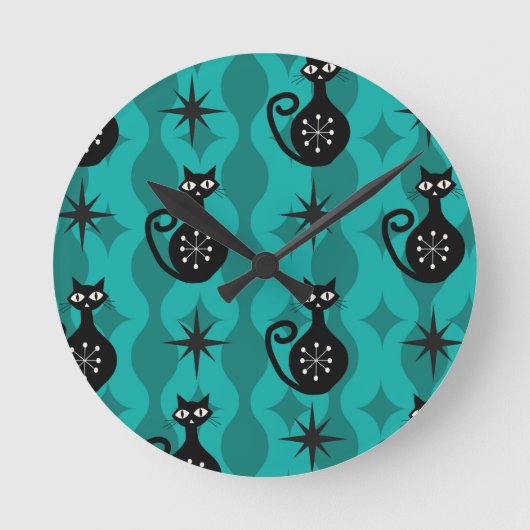 Mid Century Black Atomic Cats on Teal Ogee  ラウンド壁時計 (正面)
