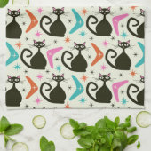 Mid Century Black Atomic Cats with Boomerangs キッチンタオル (折り畳み)