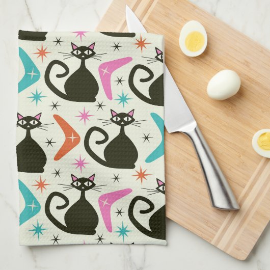 Mid Century Black Atomic Cats with Boomerangs キッチンタオル (四つ折り)