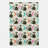 Mid Century Black Atomic Cats with Boomerangs キッチンタオル (縦)