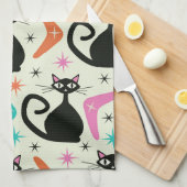 Mid Century Black Atomic Cats with Boomerangs キッチンタオル (四つ折り)