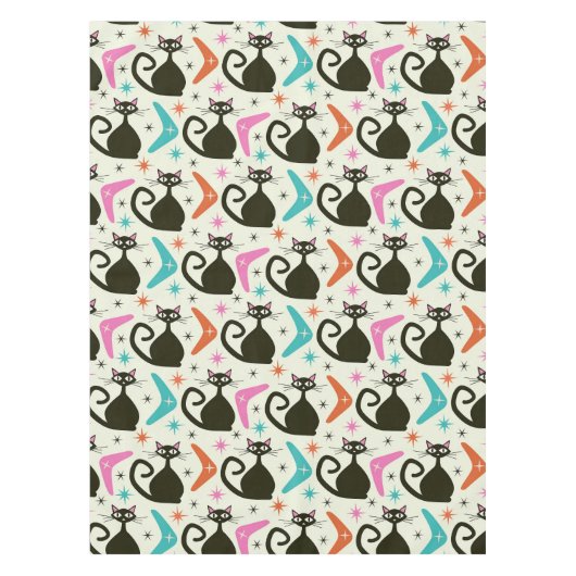 Mid Century Black Atomic Cats with Boomerangs テーブルクロス (正面)