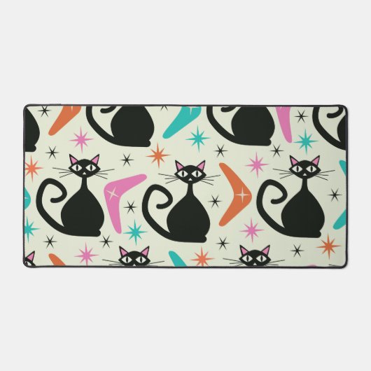 Mid Century Black Atomic Cats with Boomerangs  デスクマット (正面)