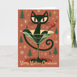 Mid Century Black Cat Merry Martini Christmas カード
