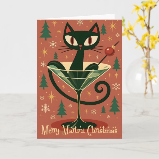 Mid Century Black Cat Merry Martini Christmas カード (黄色い花)