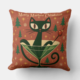 Mid Century Black Cat Merry Martini Christmas クッション