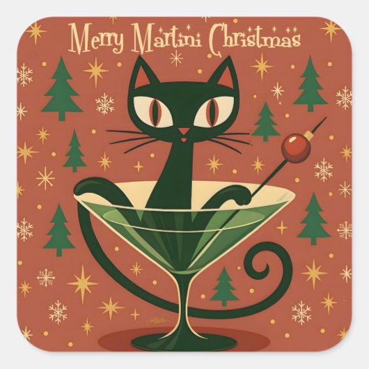 Mid Century Black Cat Merry Martini Christmas スクエアシール (正面)