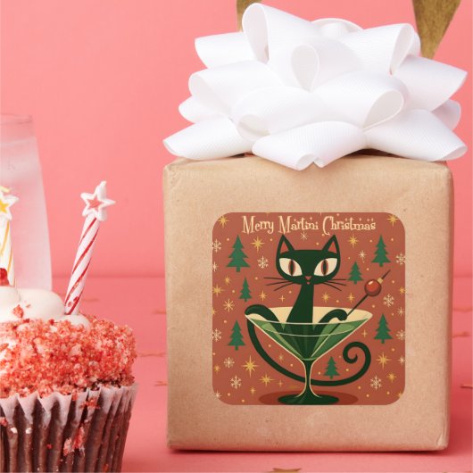 Mid Century Black Cat Merry Martini Christmas スクエアシール (パーティー)