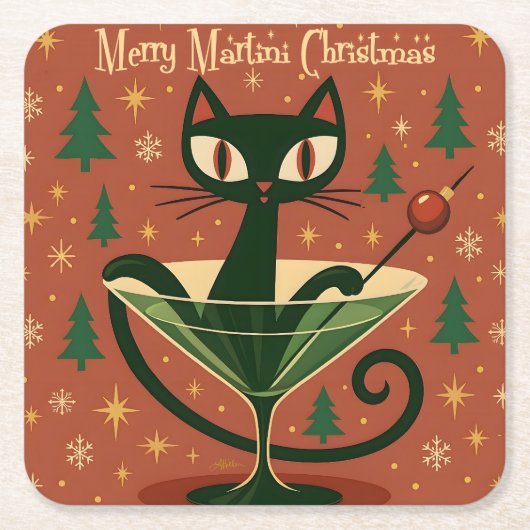 Mid Century Black Cat Merry Martini Christmas スクエアペーパーコースター (正面)