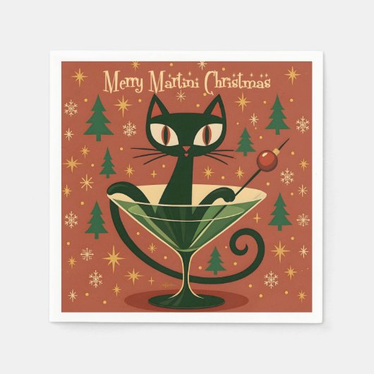 Mid Century Black Cat Merry Martini Christmas スタンダードカクテルナプキン (正面)