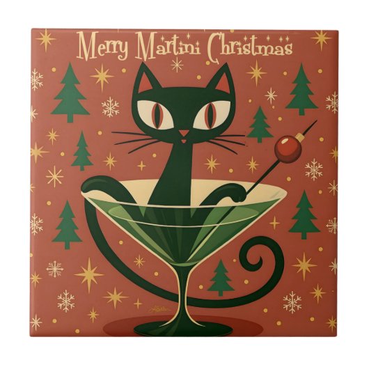Mid Century Black Cat Merry Martini Christmas タイル (正面)
