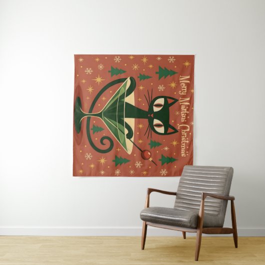 Mid Century Black Cat Merry Martini Christmas タペストリー (インサイチュ(横))