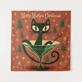 Mid Century Black Cat Merry Martini Christmas タペストリー