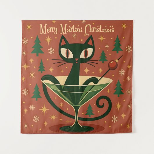 Mid Century Black Cat Merry Martini Christmas タペストリー (正面)