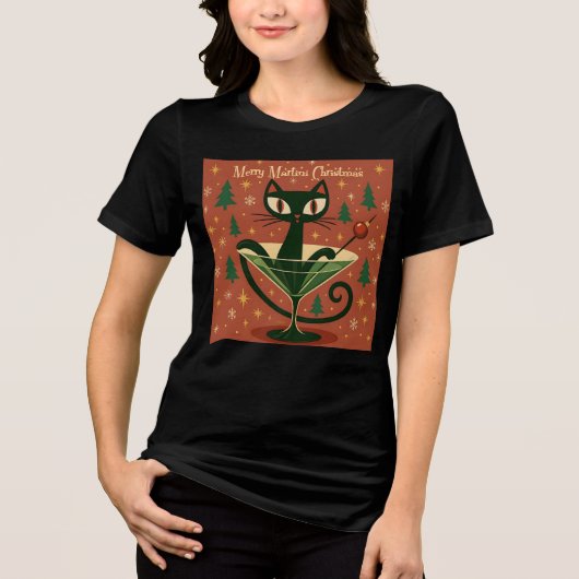 Mid Century Black Cat Merry Martini Christmas トライブレンドＴシャツ (正面)