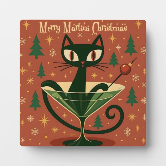 Mid Century Black Cat Merry Martini Christmas フォトプラーク (正面)