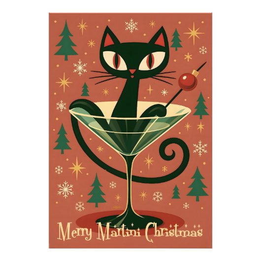 Mid Century Black Cat Merry Martini Christmas フォトプリント (正面)