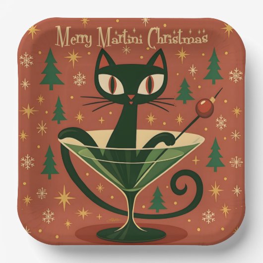 Mid Century Black Cat Merry Martini Christmas ペーパープレート (正面)