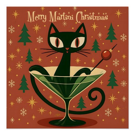Mid Century Black Cat Merry Martini Christmas ポスター (正面)