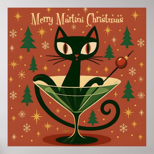 Mid Century Black Cat Merry Martini Christmas ポスター (正面)