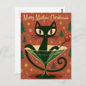 Mid Century Black Cat Merry Martini Christmas ポストカード (正面/裏面)