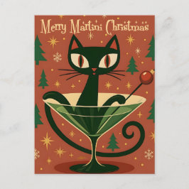 Mid Century Black Cat Merry Martini Christmas ポストカード