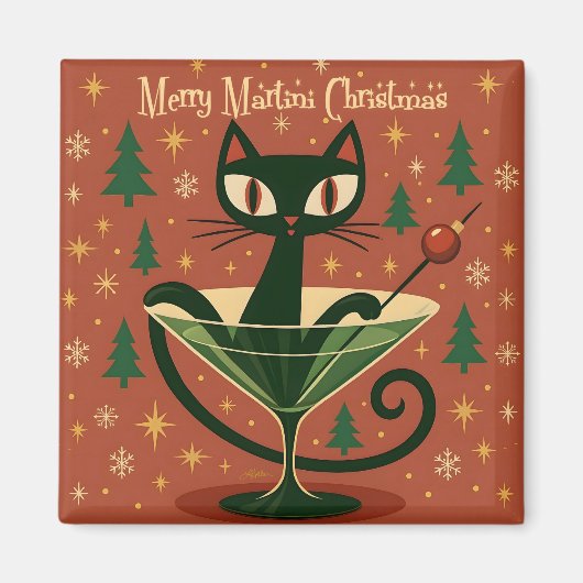 Mid Century Black Cat Merry Martini Christmas マグネット (正面)