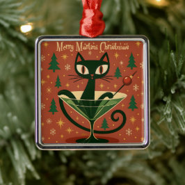 Mid Century Black Cat Merry Martini Christmas メタルオーナメント