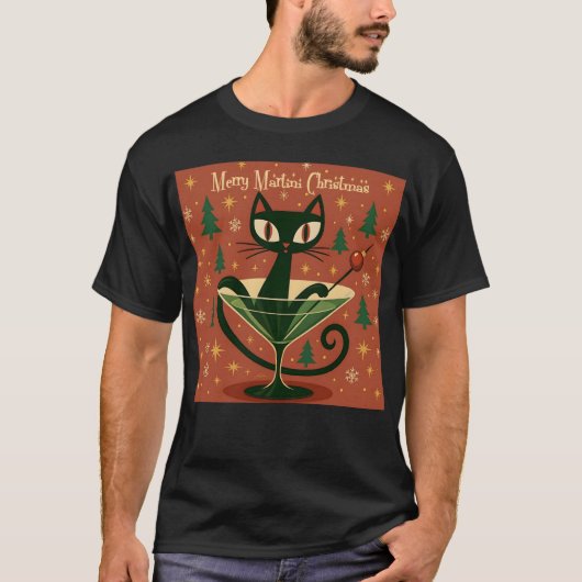 Mid Century Black Cat Merry Martini Christmas Tシャツ (正面)