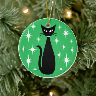 Mid Century Black Cat with White Stars on Green セラミックオーナメント