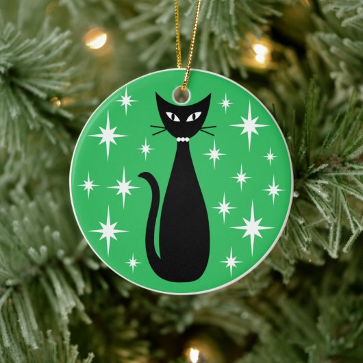 Mid Century Black Cat with White Stars on Green セラミックオーナメント (ツリー)