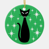 Mid Century Black Cat with White Stars on Green セラミックオーナメント (正面)