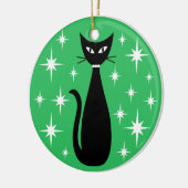 Mid Century Black Cat with White Stars on Green セラミックオーナメント (左)