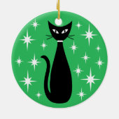 Mid Century Black Cat with White Stars on Green セラミックオーナメント (裏面)