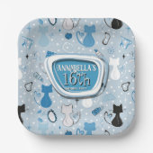 Mid Century Blue Heart Cats Birthday  ペーパープレート (正面)