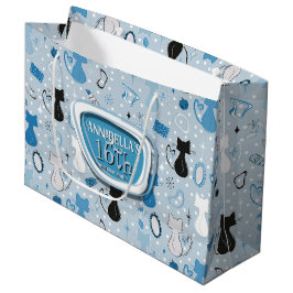 Mid Century Blue Heart Cats Birthday ラージペーパーバッグ