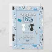 Mid Century Blue Heart Cats Birthday Invitation 招待状 (正面)
