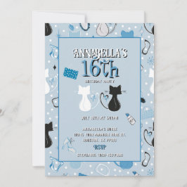 Mid Century Blue Heart Cats Birthday Invitation 招待状