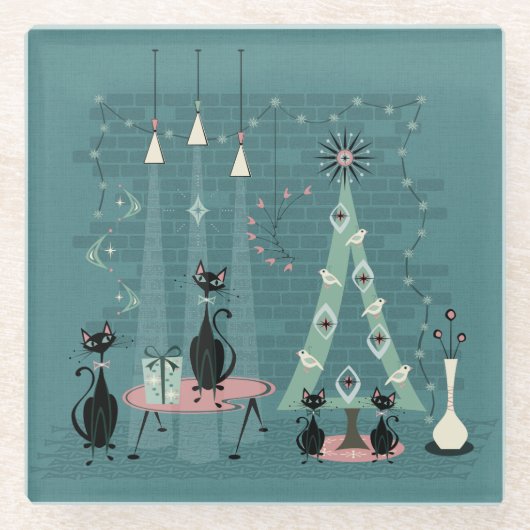 Mid Century Catファミリーホリデー©studioxtine ガラスコースター (正面)