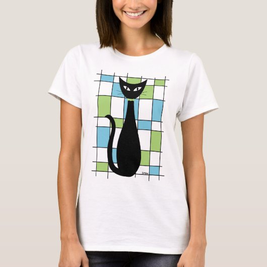 Mid Century Cat with Blue and Green Rectangles Tシャツ (正面)