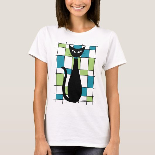 Mid Century Cat with Green and Teal Rectangles Tシャツ (正面)