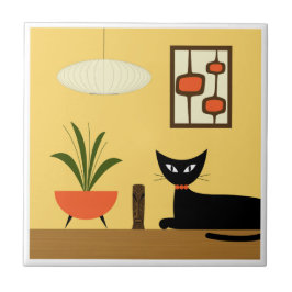 Mid Century Cat with Mod Pods on Yellow タイル