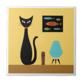 Mid Century Cat with Retro Fish on Yellow タイル (正面)